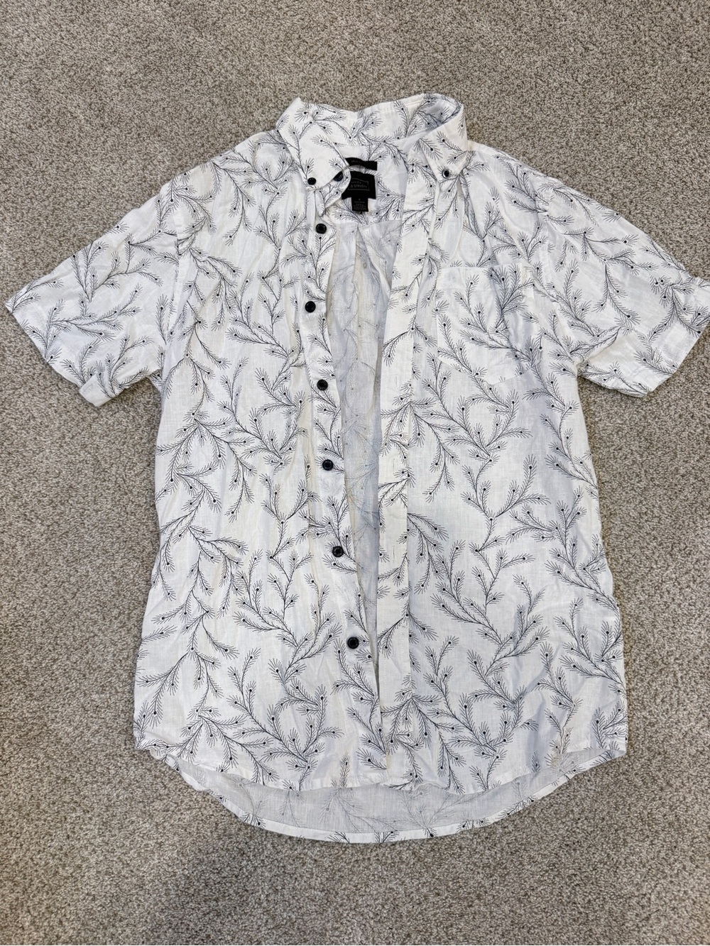White Short-Sleeve Button-Up Shirt with Black Leaf Print